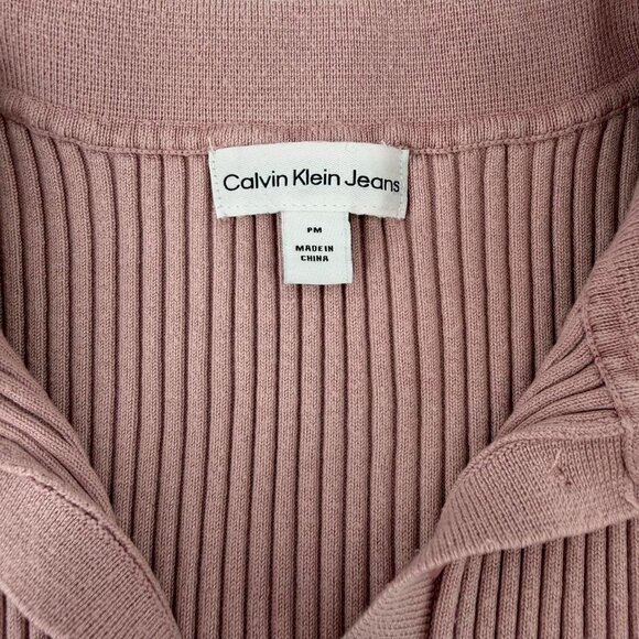 Calvin Klein Jeans Ribbed Knit Polo Top Dusty Pink Short Sleeve Petite M - Picture 2 of 5